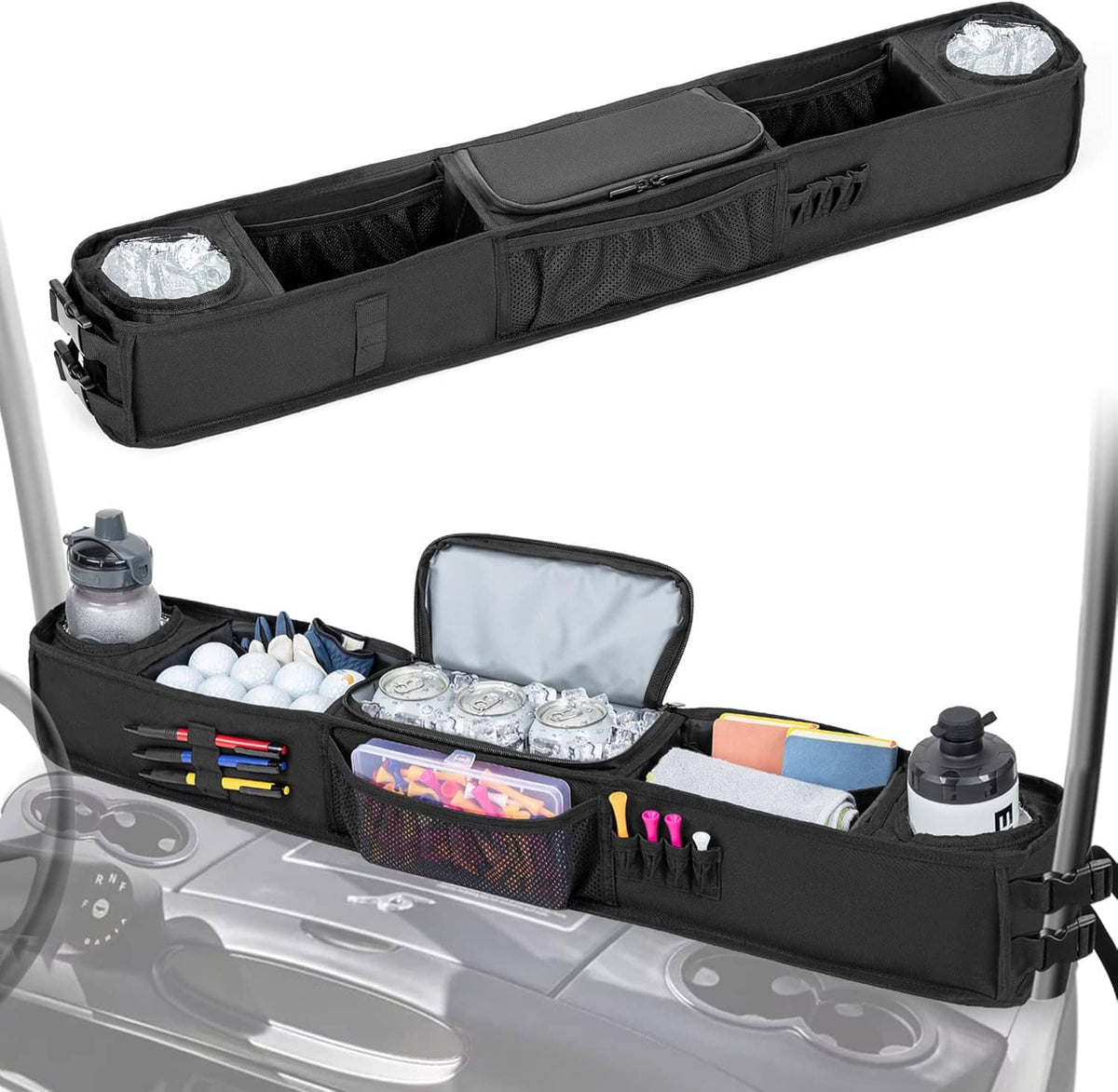 Mounted black golf cart storage basket with compartments, zipper pocket, and cup holders