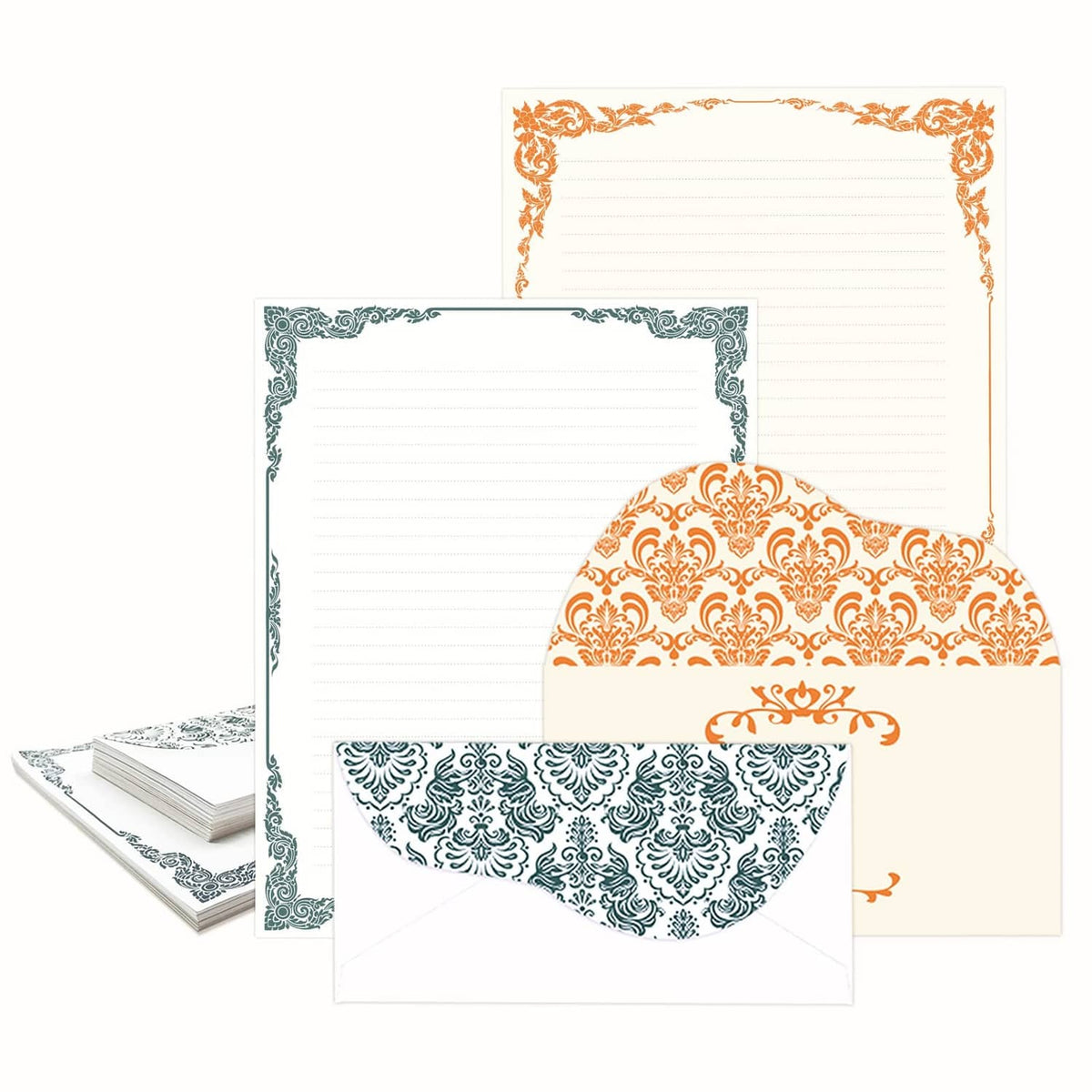 Assorted ivory stationery cards and envelopes with teal and orange decorative borders
