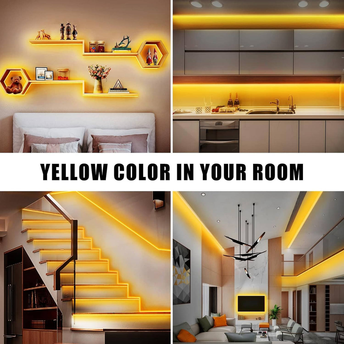 Warm yellow COB LED strip lights installed along shelves and ceiling edges