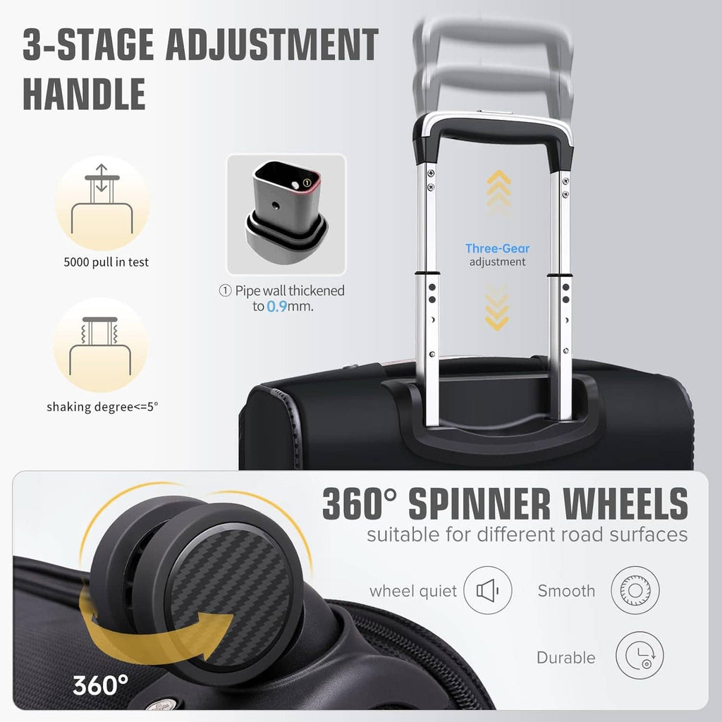 Black carry-on luggage with 3-stage adjustable handle and 360-degree spinner wheels