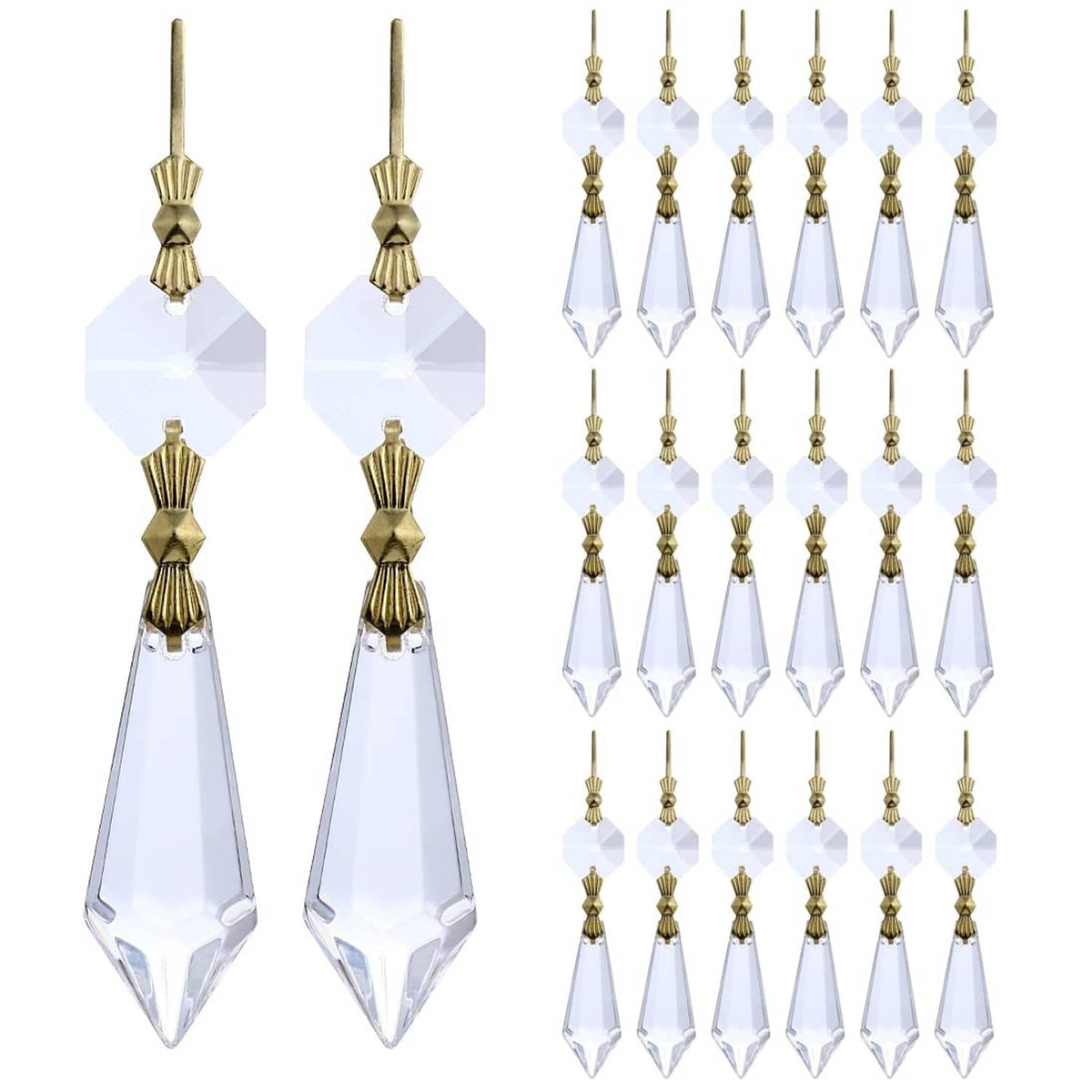 Set of clear faceted crystal drop connectors with gold caps and top hanging loop