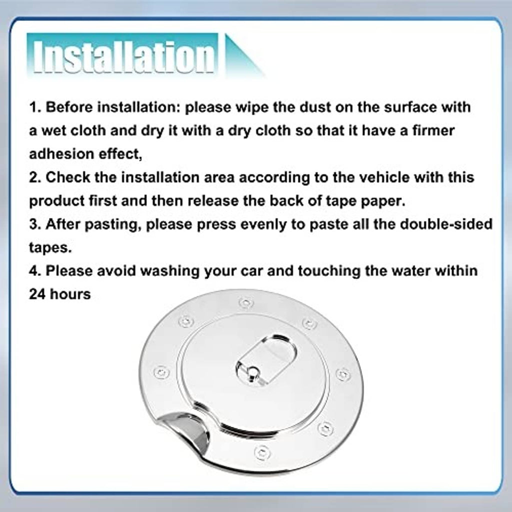 Chrome fuel tank filler cap cover installation view, round plate with handle and screws