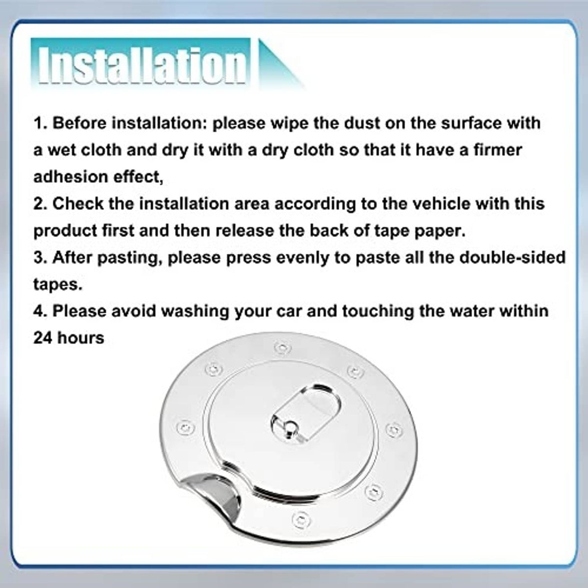 Chrome fuel tank filler cap cover installation view, round plate with handle and screws