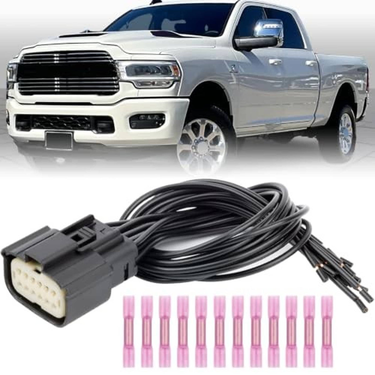 Headlight connector harness with multi-pin plug, black wire bundle and pin terminals