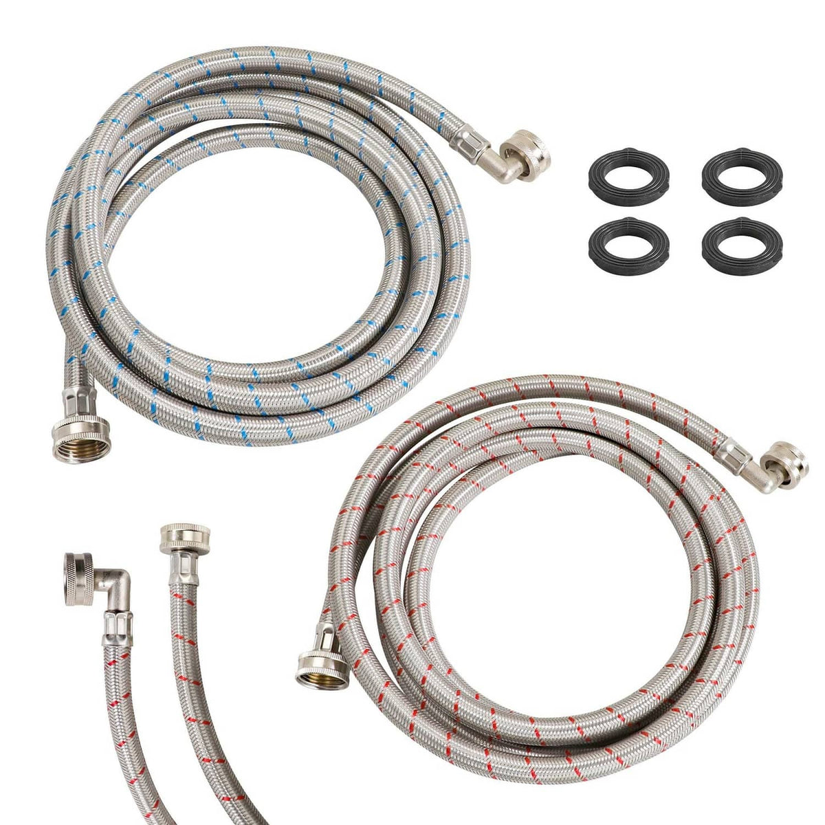Stainless steel braided washing machine hoses, red and blue, with end couplings (2-pack)