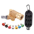 Brass pivoting pressure washer coupler with black mounting case and color tips