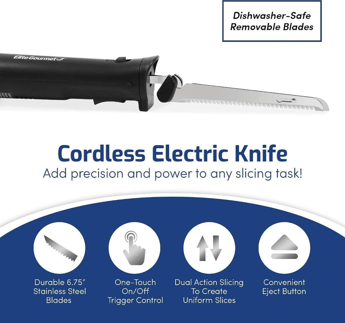 Cordless electric knife with black handle and serrated blade, removable for cleaning