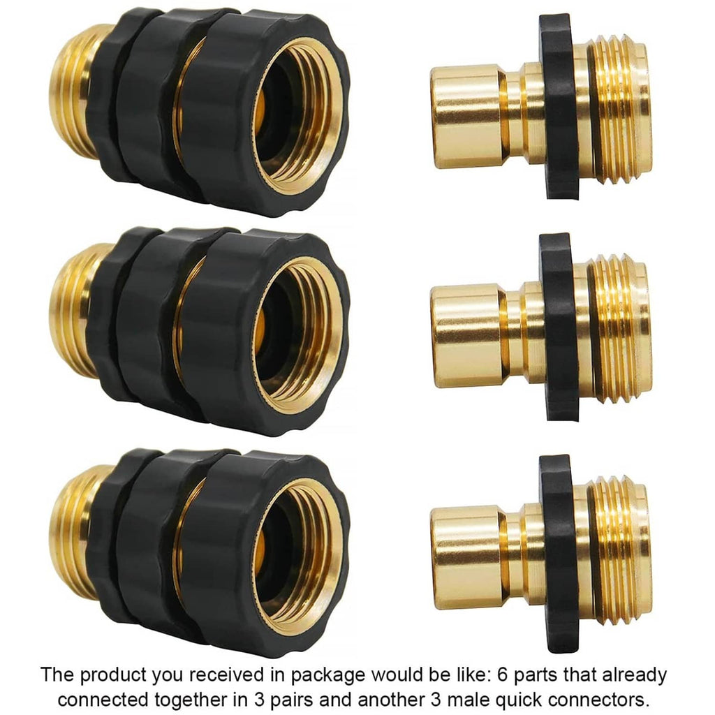 Garden hose connector set, black and brass fittings showing female and male ends