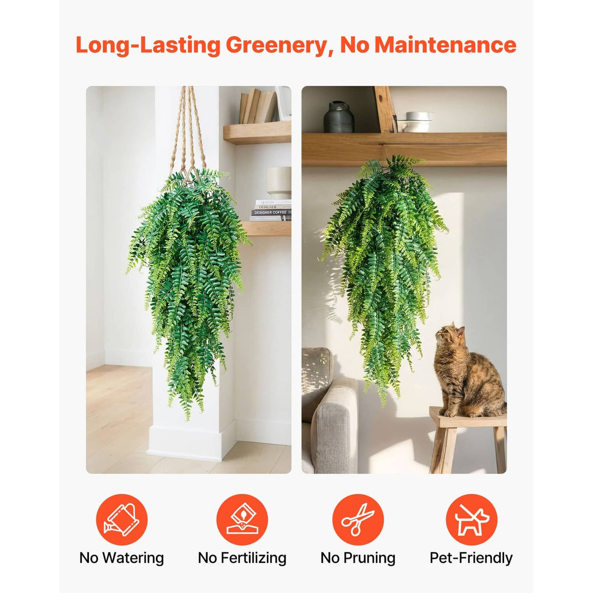 Artificial hanging Boston fern bushes with lush green fronds, displayed on hooks