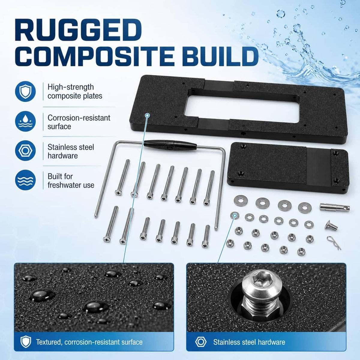 Black composite bracket with stainless steel hardware, pins, and locking handle