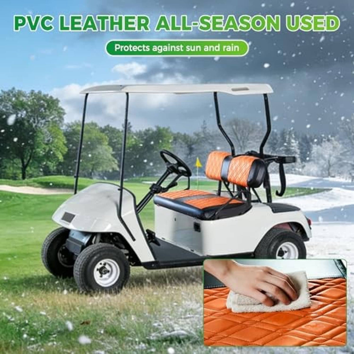 Brown diamond-quilted golf cart seat cover set with black trim on outdoor cart