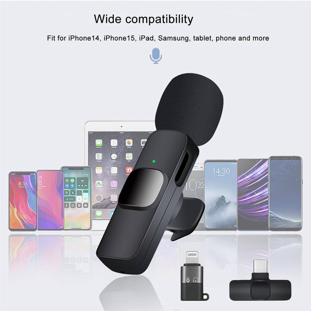 Black wireless lavalier microphone kit with furry windscreen, receiver, and USB connector