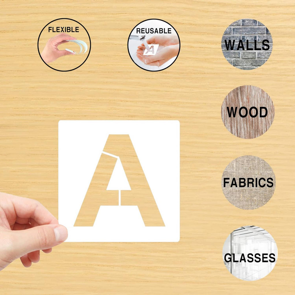 Large letter stencil sheet, 5-inch A stencil held by hand with reuse/use labels