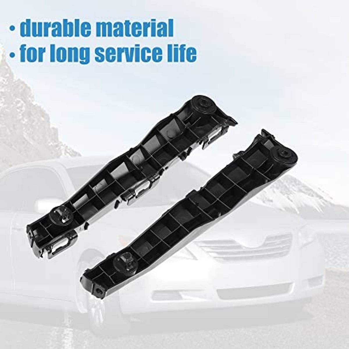 Pair of black plastic bumper retainer brackets with ribbed inner structure