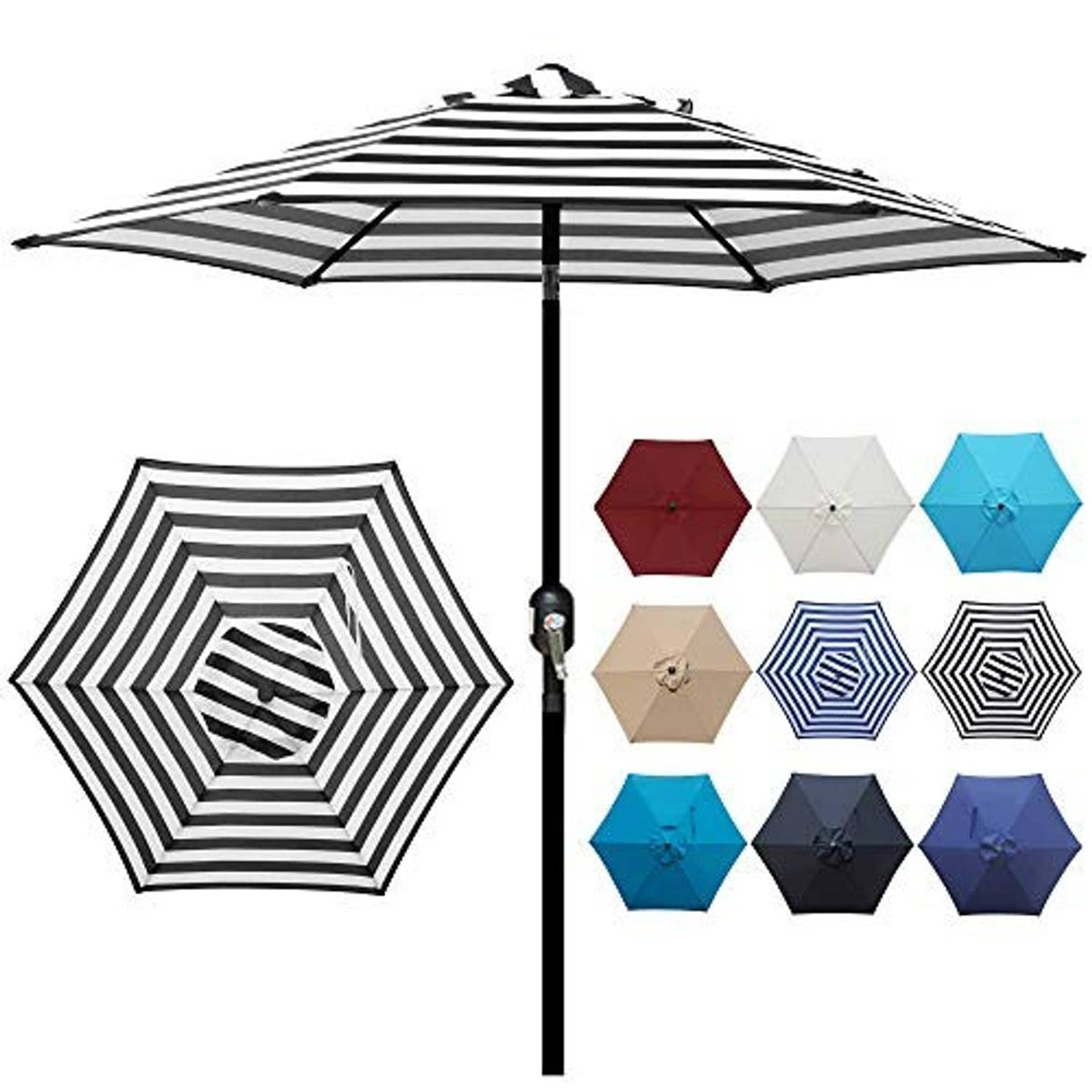 Black-and-white striped patio umbrella with open canopy, center pole, and tilt crank