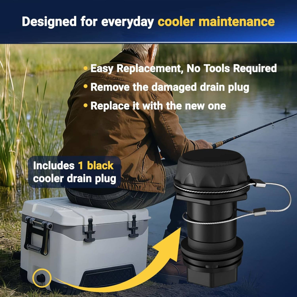 Black cooler drain plug with tether cable on cooler, includes protective cap