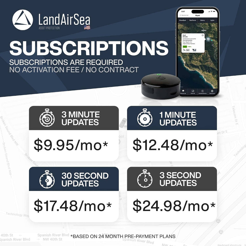 Black GPS tracker puck next to a smartphone showing tracking screen and subscription options.
