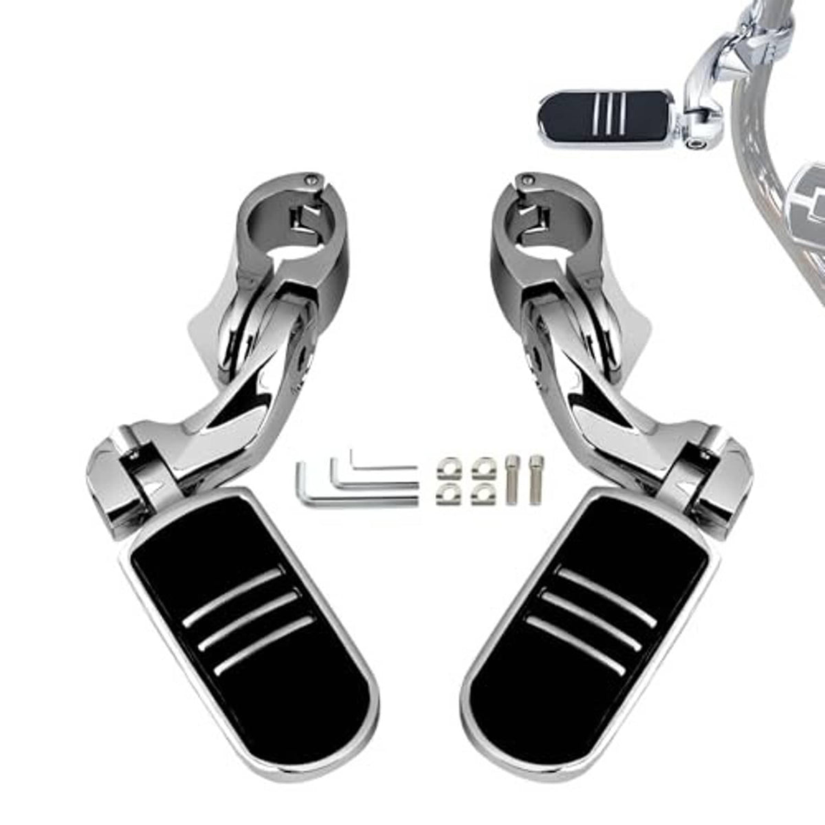 Motorcycle highway footpeg set with black anti-slip pads, chrome brackets, and mounting hardware