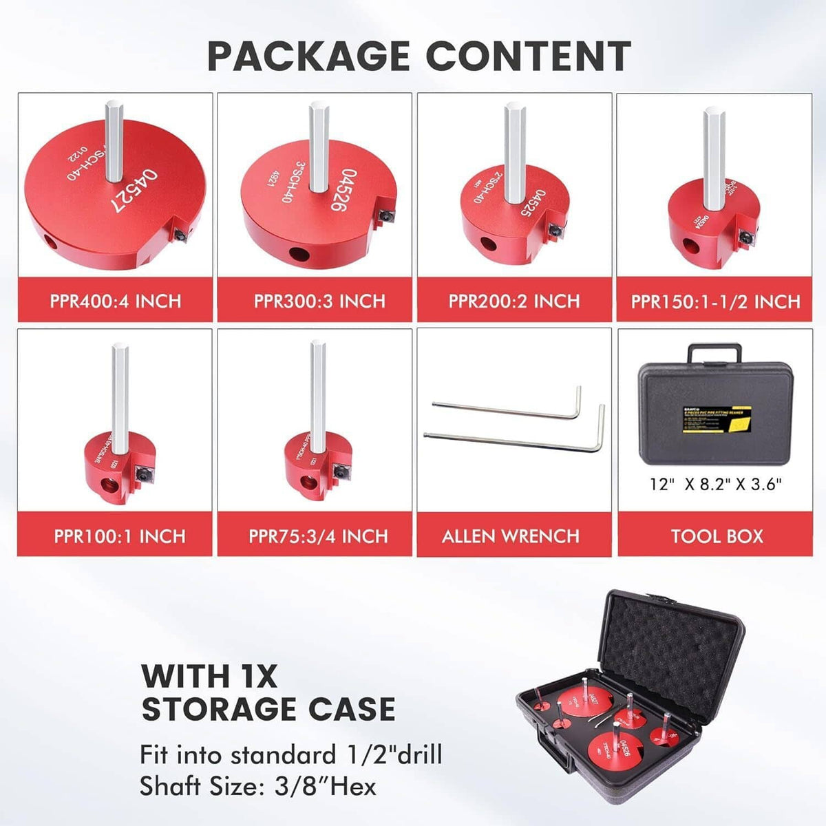 Pipe reamer kit package contents with multiple red head sizes and tool box