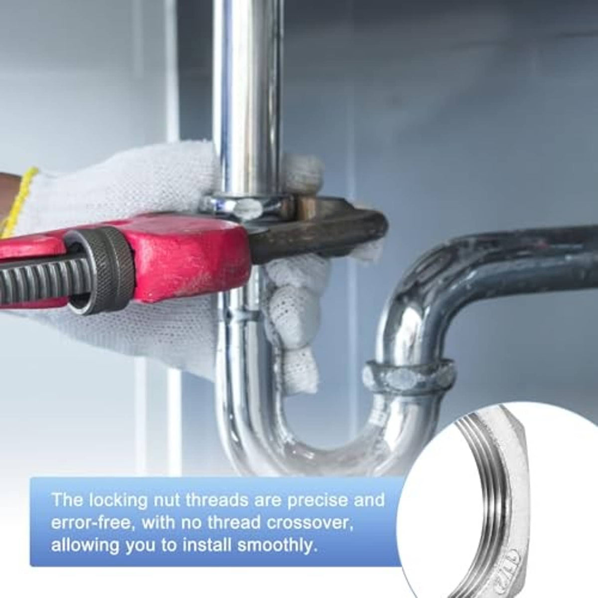 Hex locknut with female threads installed on metal pipe, hex wrench tightening