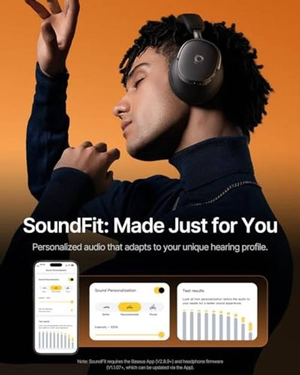 Over-ear wireless headphones worn by a person; dark earcups and cushioned headband