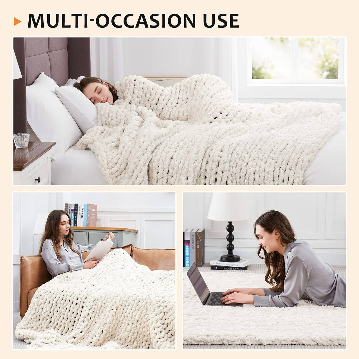 Ivory chenille knit throw blanket draped on bed for cozy coverage