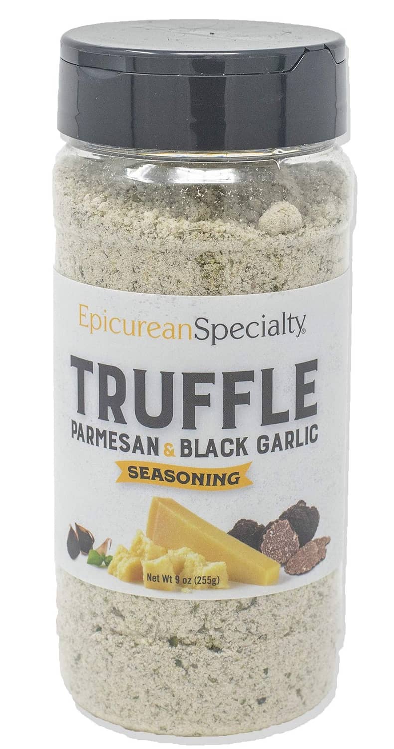 Truffle Parmesan & black garlic seasoning jar with front label, 9 oz