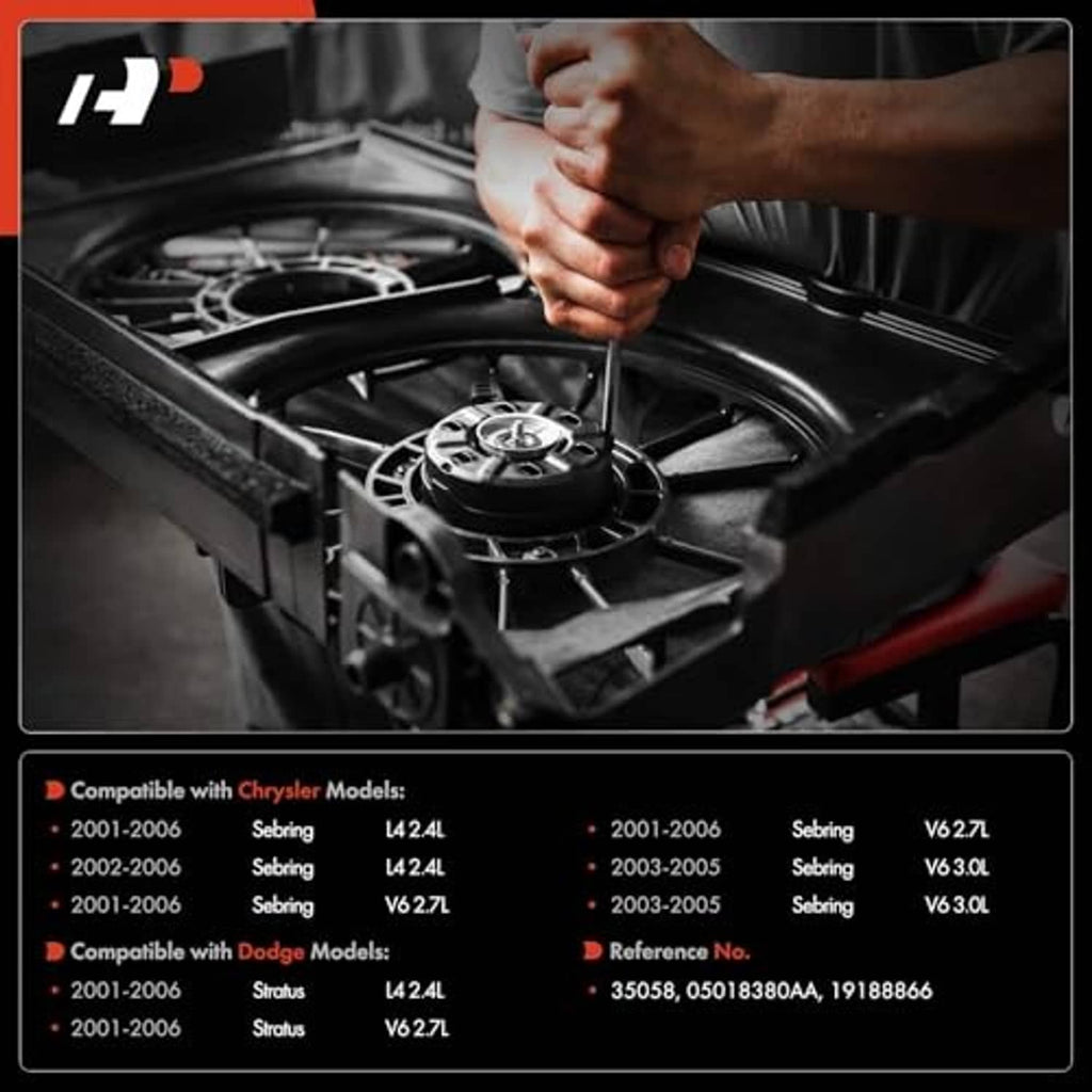 Radiator fan motor shown with installation context under vehicle hood