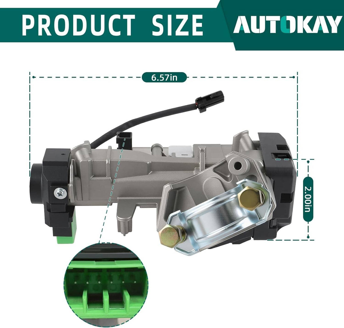Ignition switch cylinder lock assembly with wiring and green connector, product size diagram