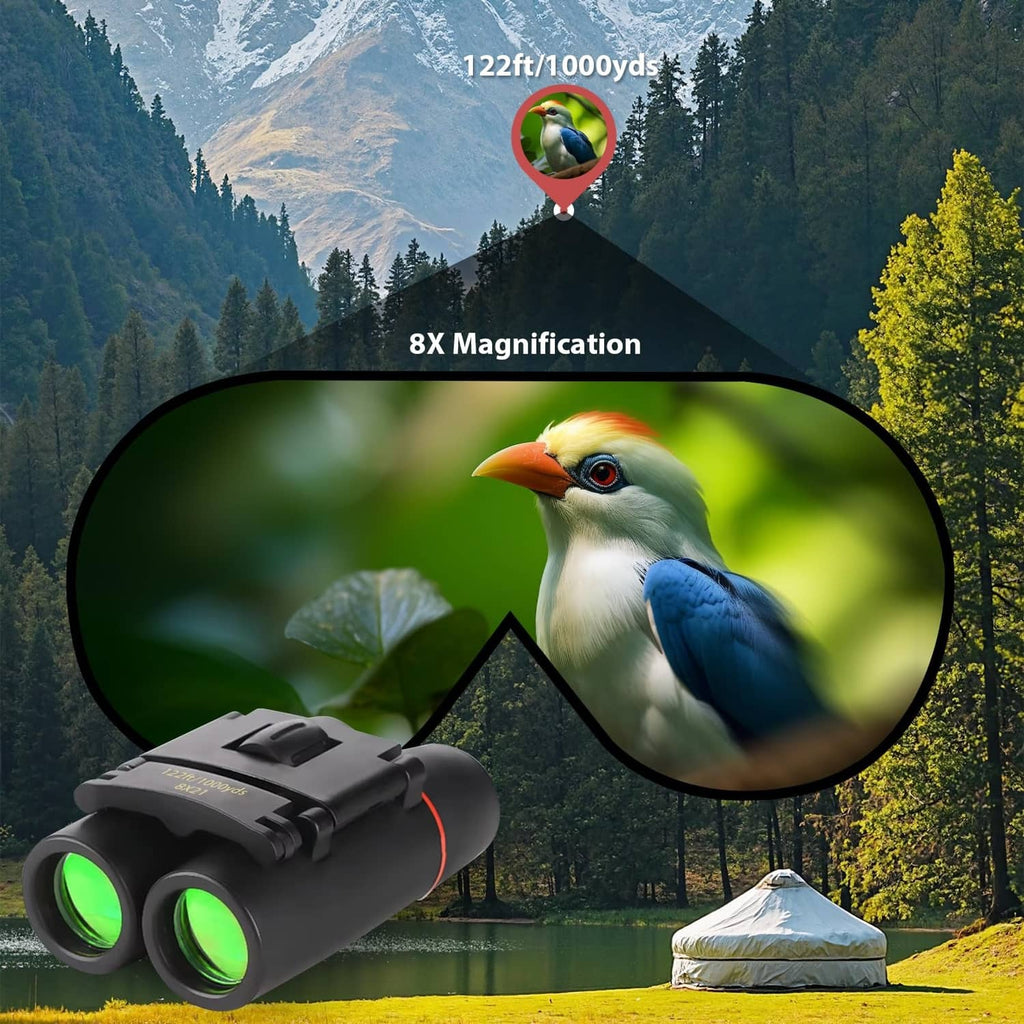 Black binoculars with green illuminated lenses and protective strap mount