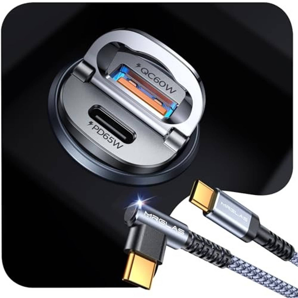Compact round black car charger with USB-C port and braided Type-C cable
