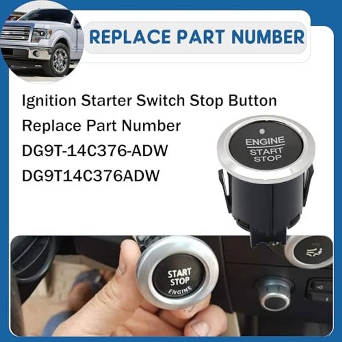 Engine start stop button switch held in hand, silver bezel and black insert with green dot