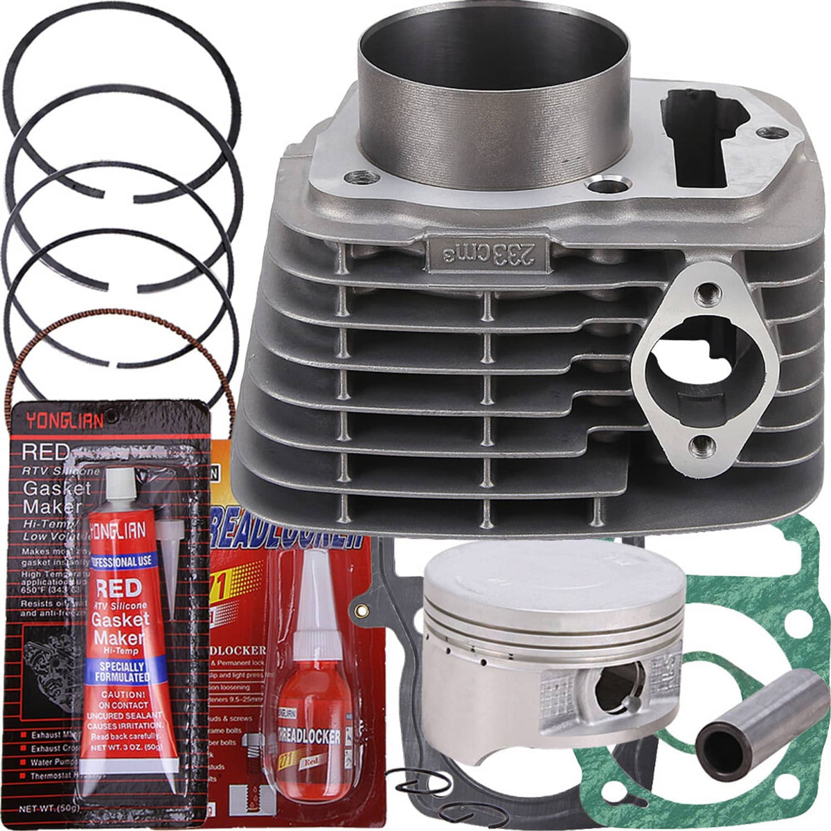 Top end kit with gray cylinder, intake port, piston, green gasket, and rings