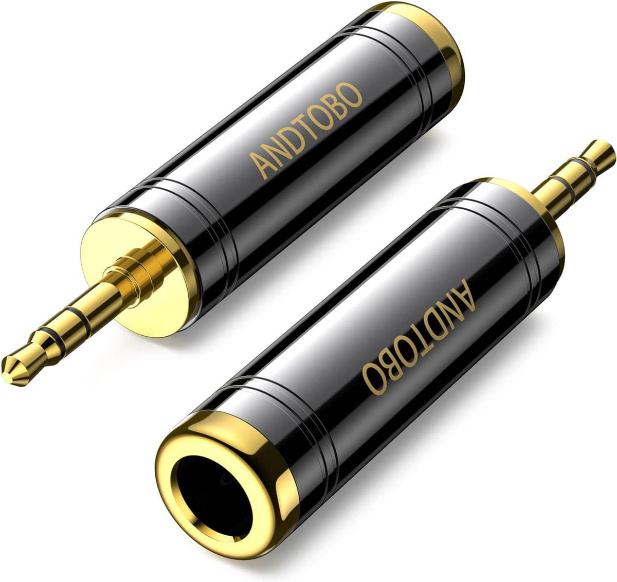 Stereo audio adapter plug, 3.5mm male to 1/4in female, black body with gold connectors