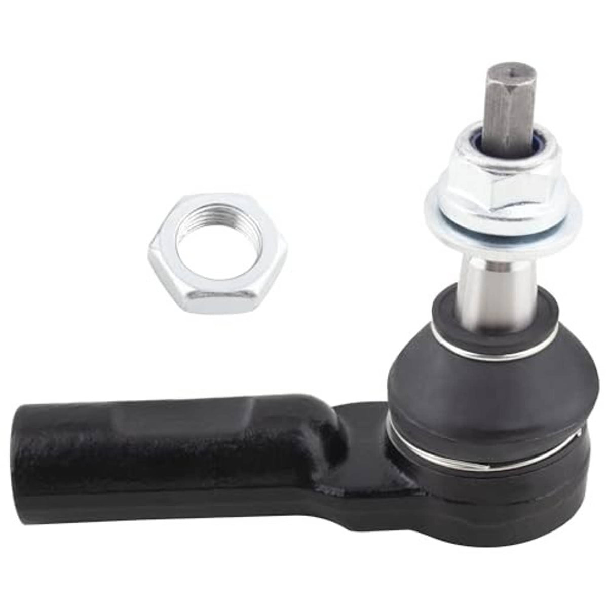 Black tie rod end with chrome mounting stud and rubber seal, plus hex nut
