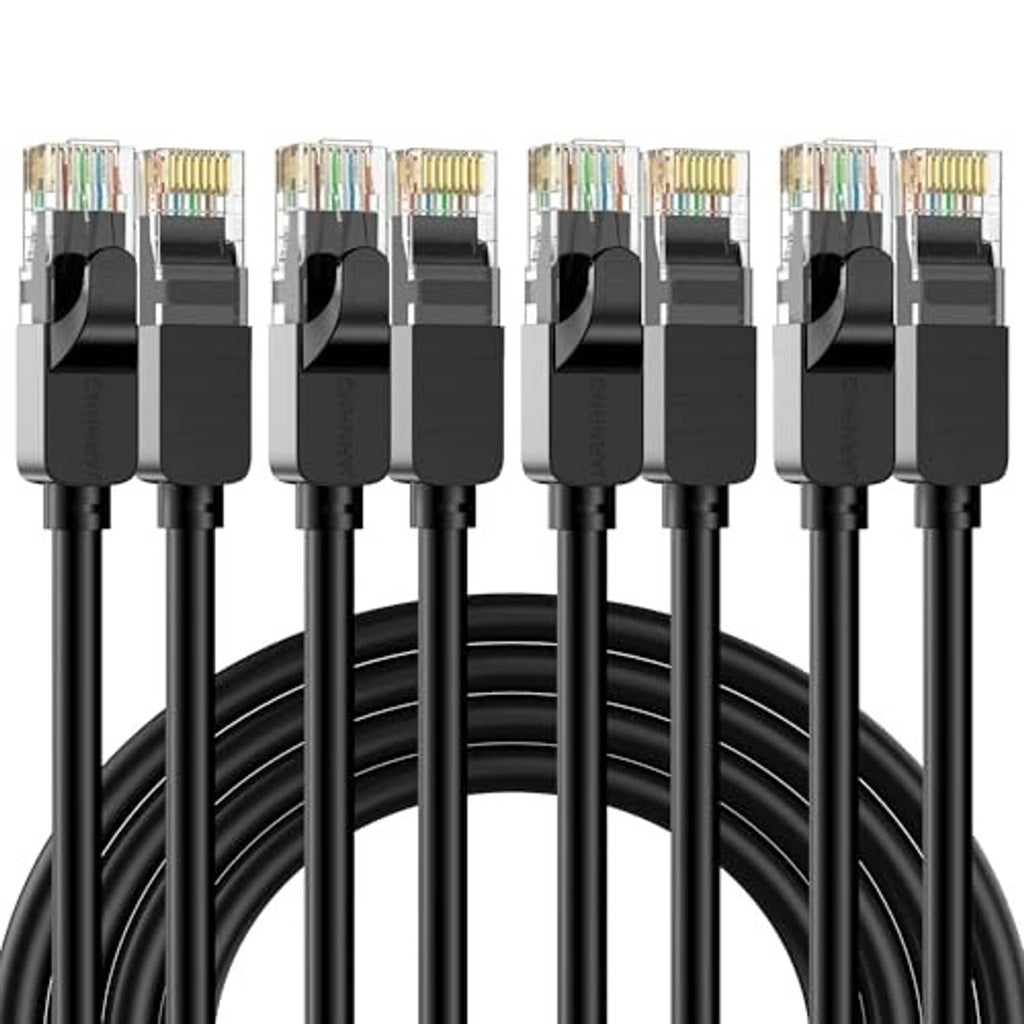 Ethernet cable bundle with four RJ45 connectors, black jacket, top view close-up.