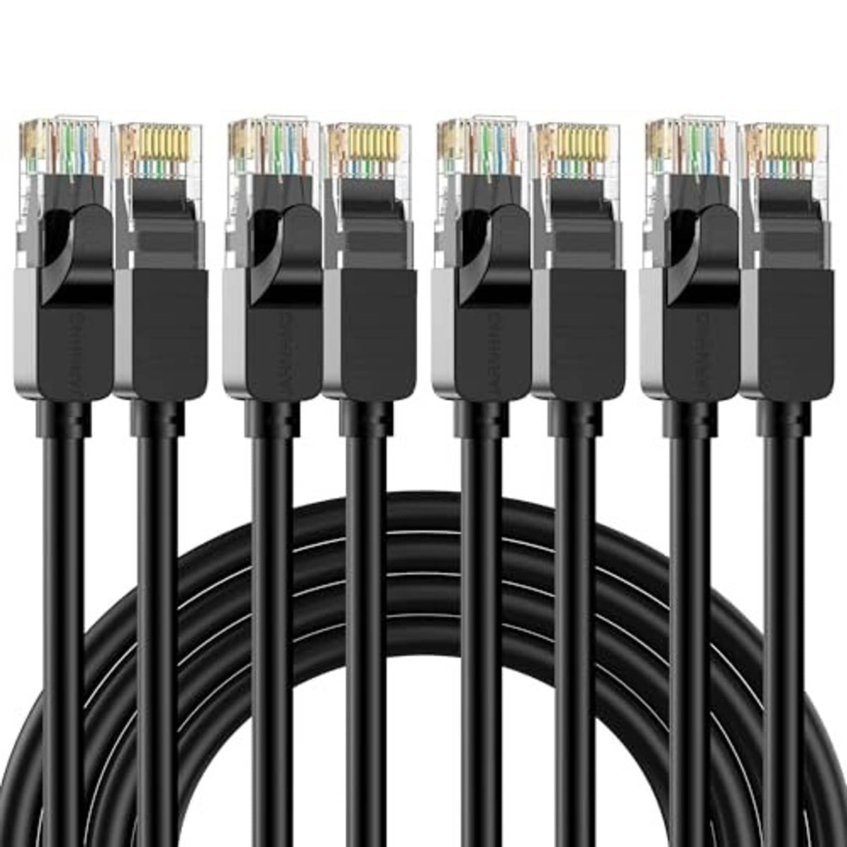 Ethernet cable bundle with four RJ45 connectors, black jacket, top view close-up.