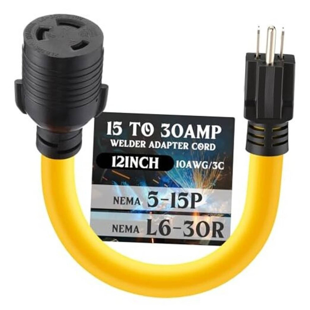Yellow power adapter cord with black 5-15P plug and L6-30R 30A connector