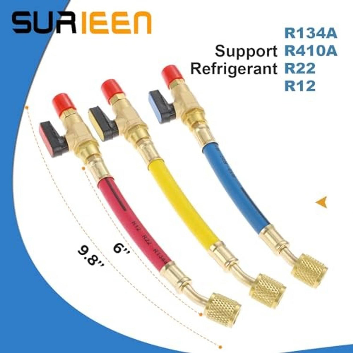 Refrigeration hose set with labeled hoses and brass fittings, multiple colors shown