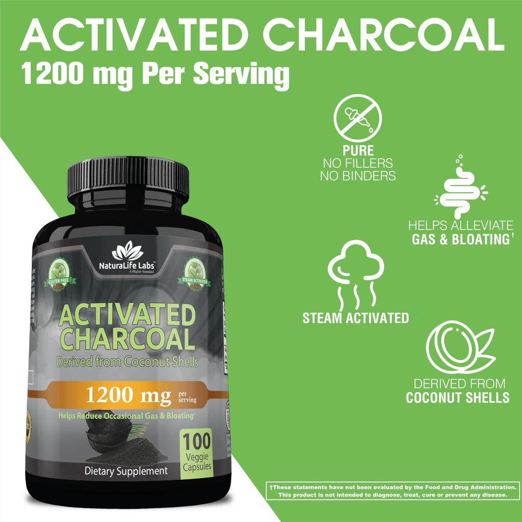 Activated charcoal capsules bottle, 1200 mg per serving, derived from coconut shells