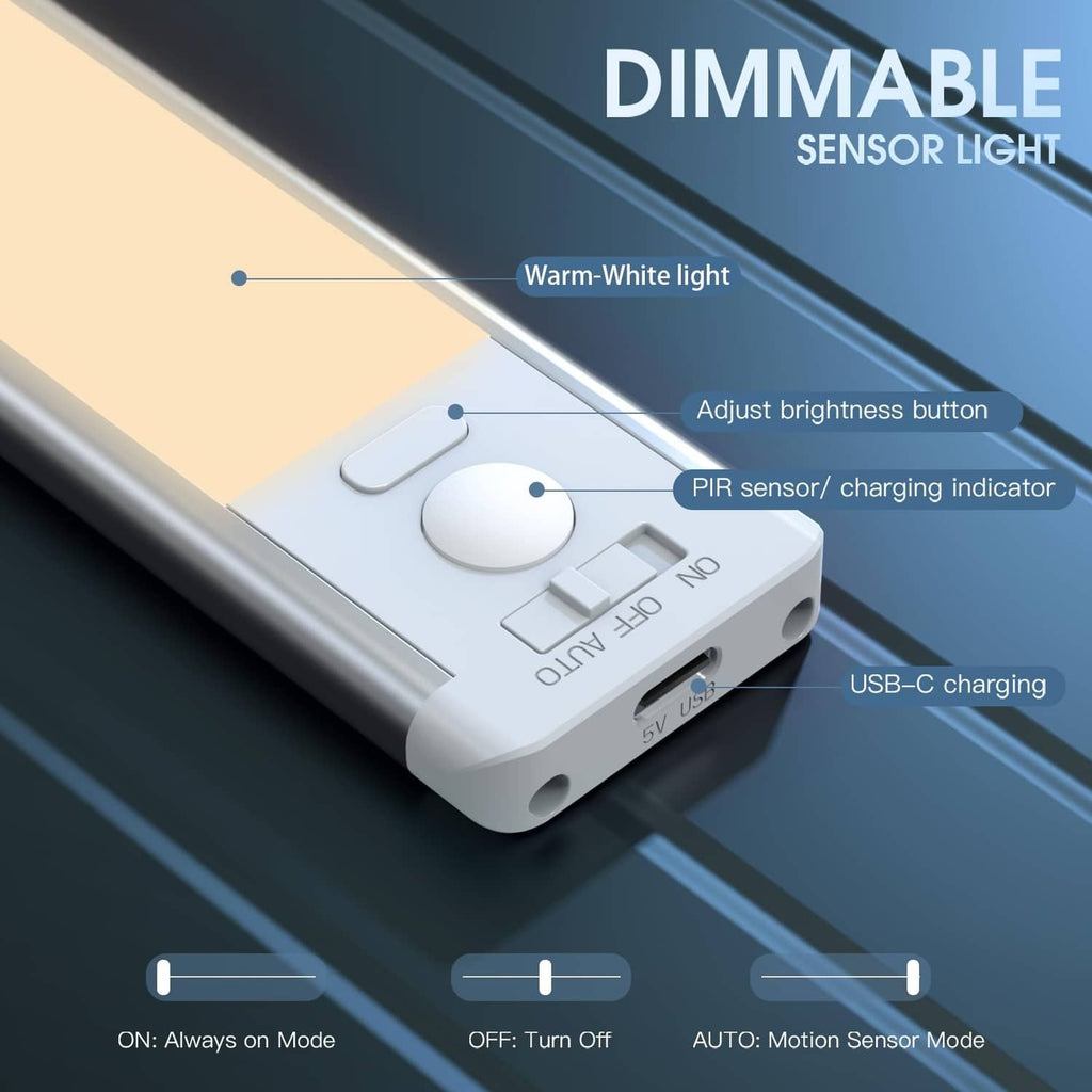 Dimmable under cabinet LED sensor light with PIR sensor and USB-C charging port
