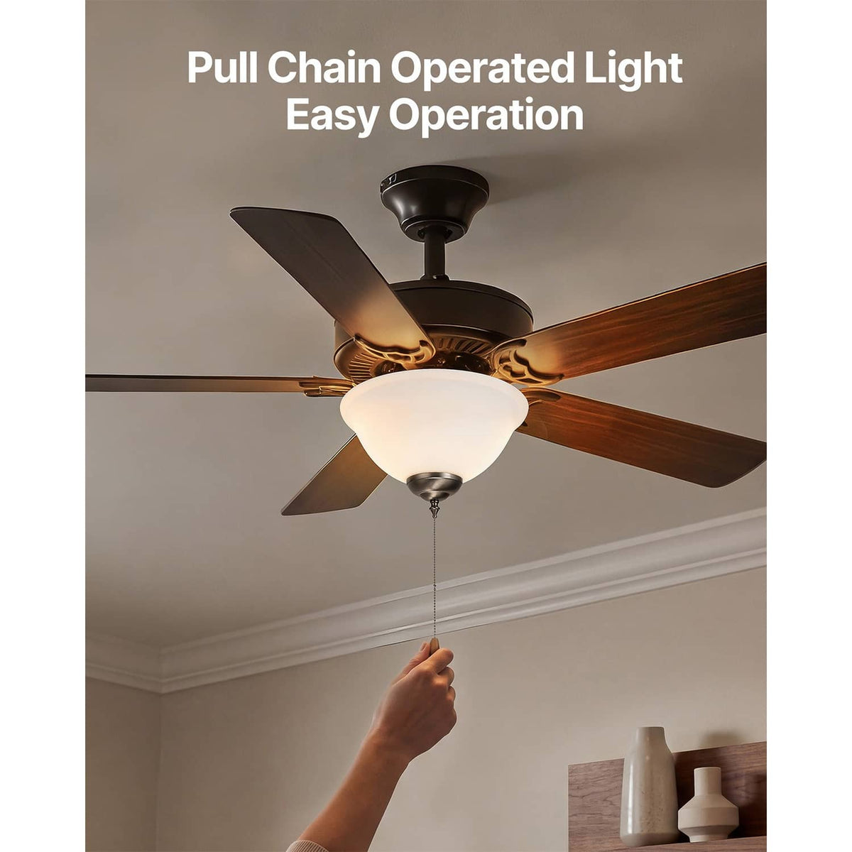 Ceiling fan light kit with white bowl shade and pull chain, operated by hand