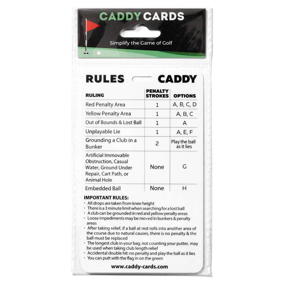 White golf rules quick reference card in clear sleeve, titled Rules Caddy