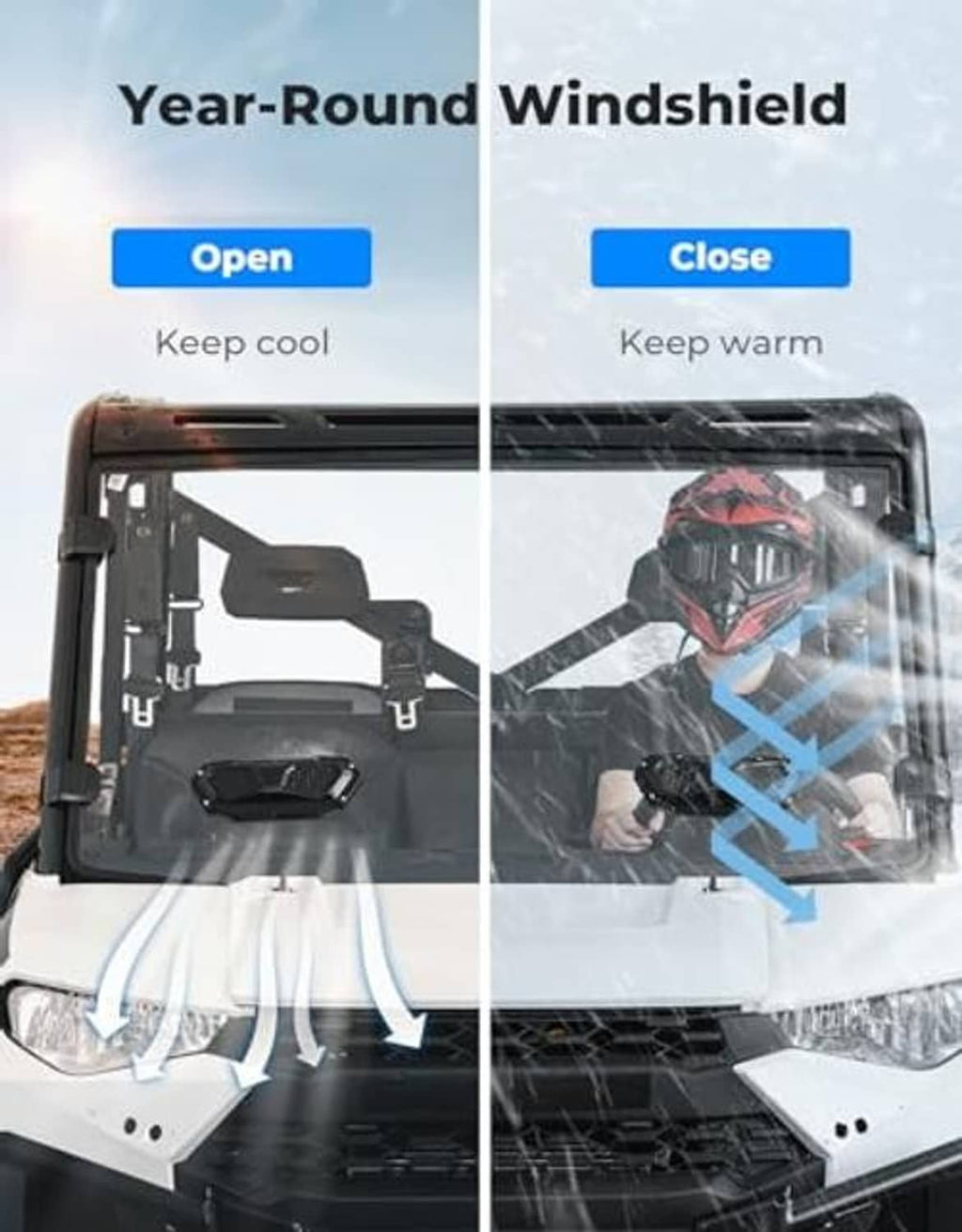 Sliding vented UTV windshield shown open and closed for temperature control