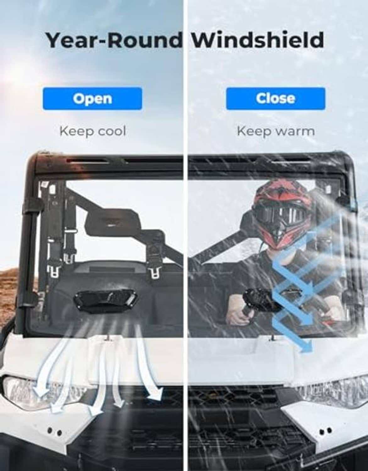 Sliding vented UTV windshield shown open and closed for temperature control
