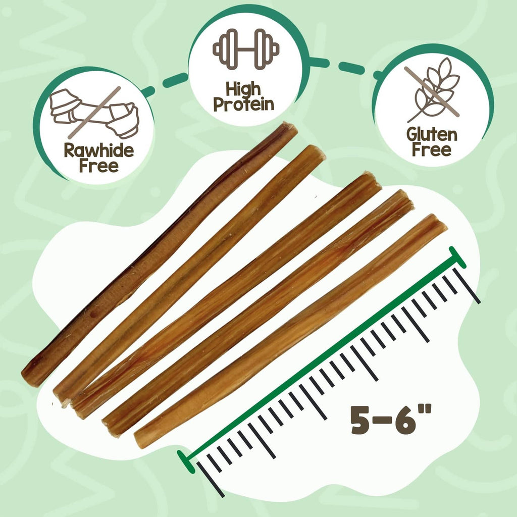 Pack of thin brown bully sticks for dogs, 5-6 inch size, rawhide-free, gluten-free