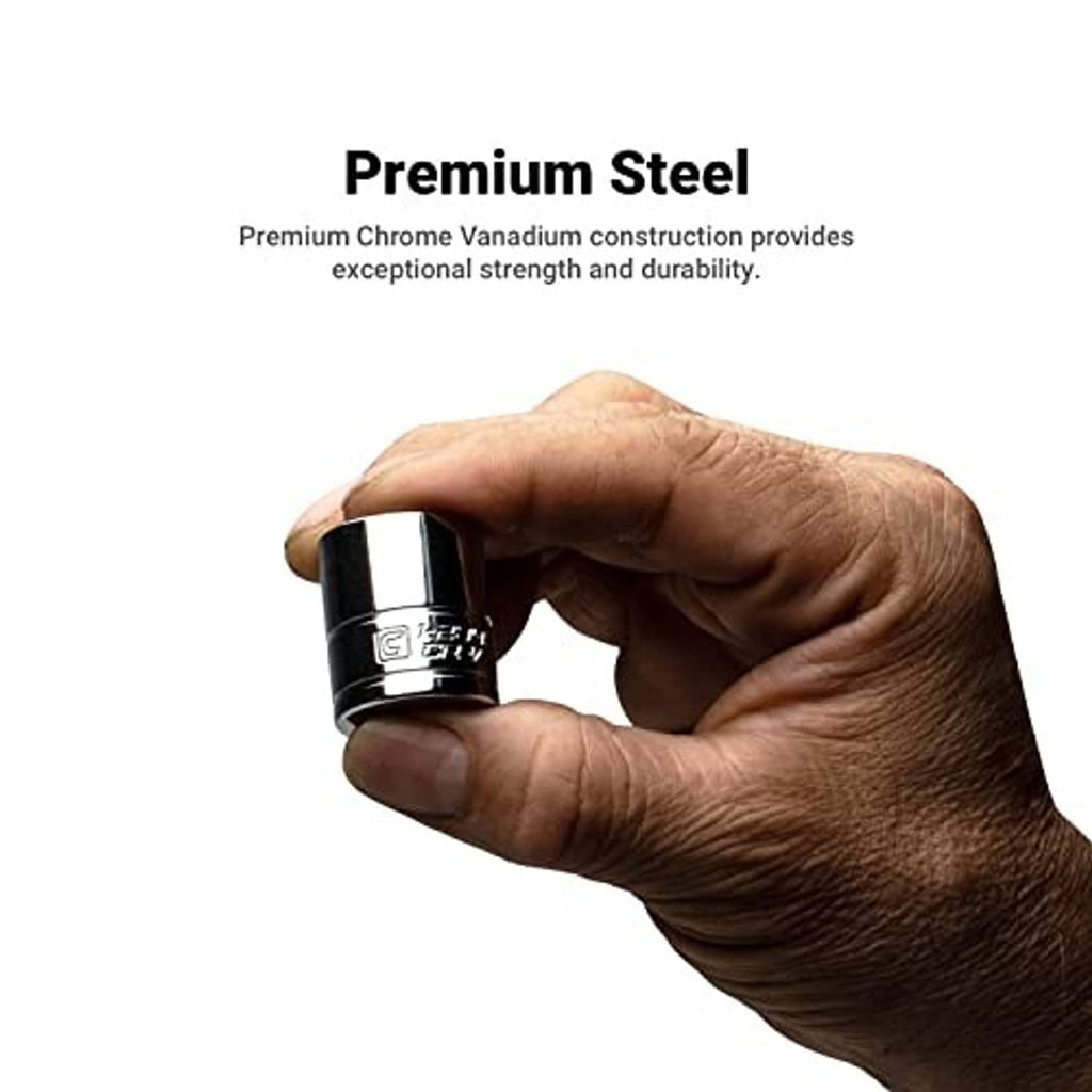 1/4-inch drive chrome socket held in hand, shallow 12-point drive end