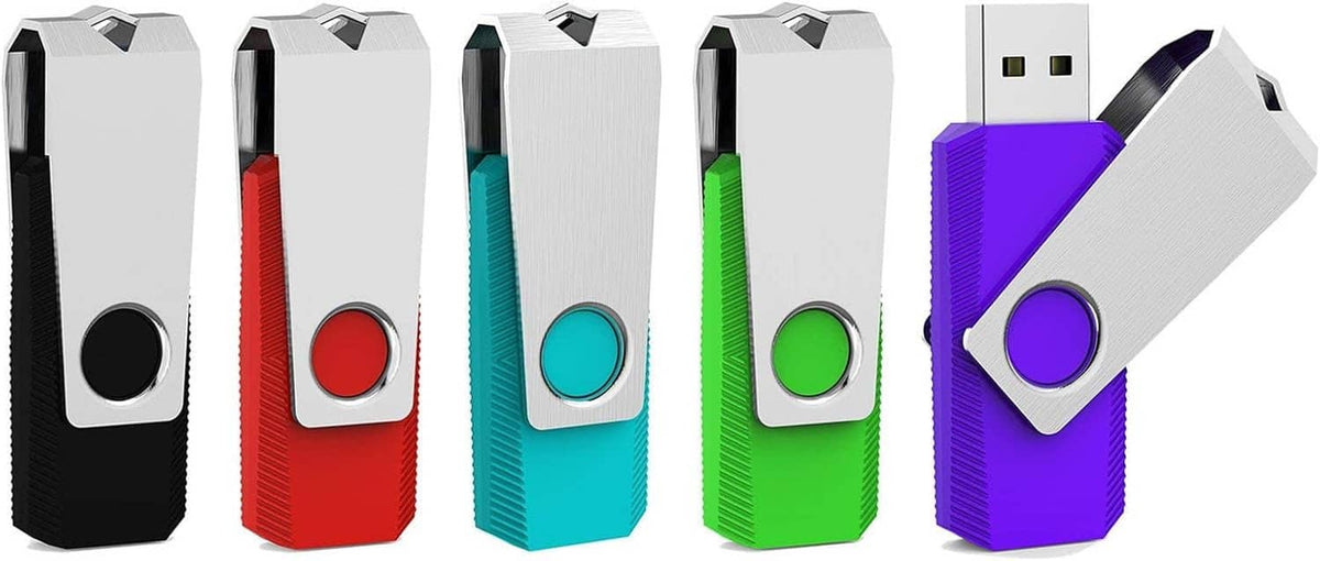 5-pack USB flash drives with metal caps in black, red, teal, green, and purple