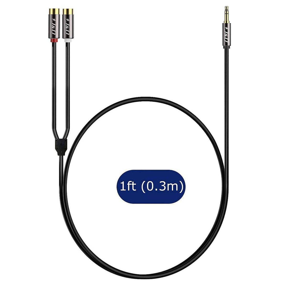 RCA to 3.5mm auxiliary audio cable with dual RCA female and 3.5mm male gold plugs