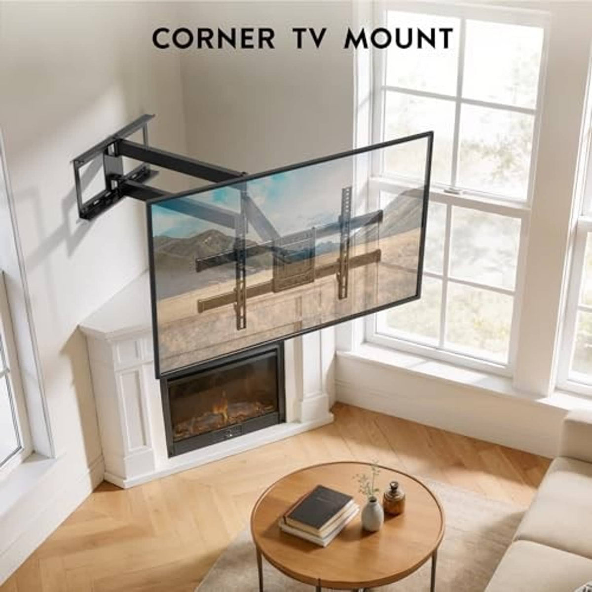 Corner TV wall mount installed on fireplace wall with black arms
